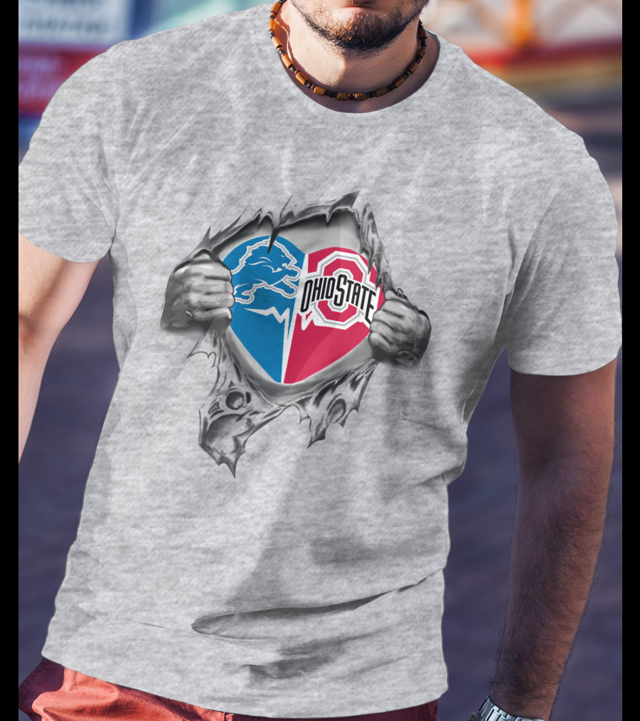 Detroit Lions Ohio State Buckeyes Heart Symbol With Rip Effect T-Shirt