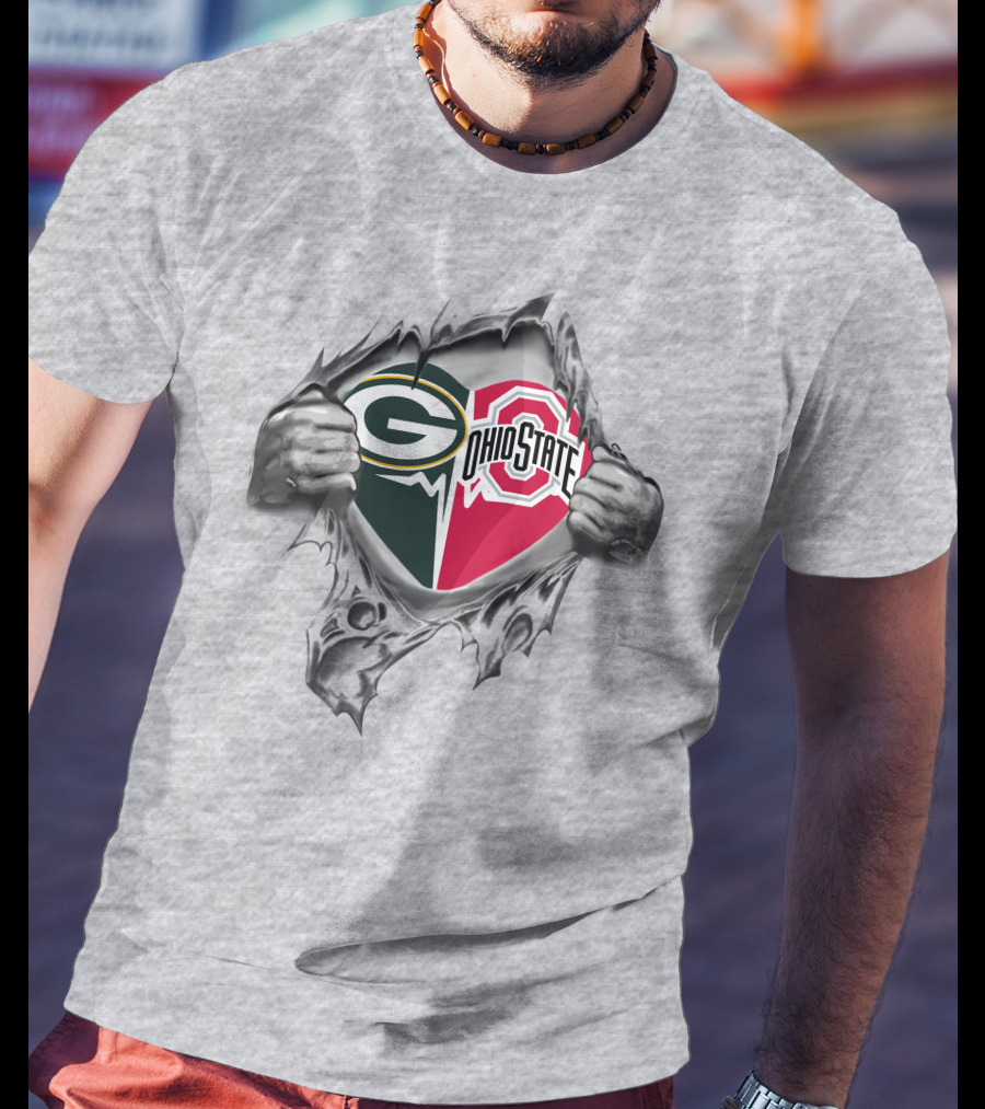 Green Bay Packers Ohio State Buckeyes Heart Design Rip Through T-Shirt