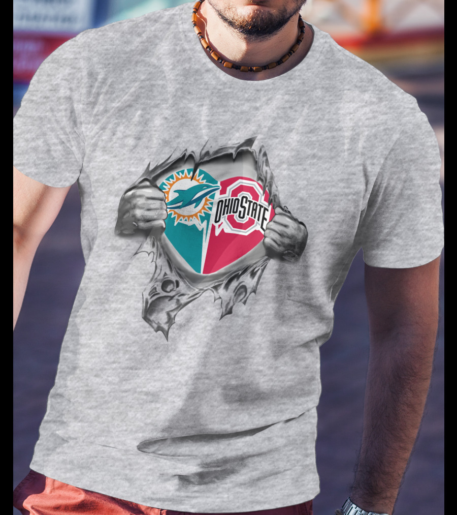 Miami Dolphins Ohio State Buckeyes Heart Logo Fusion T-Shirt