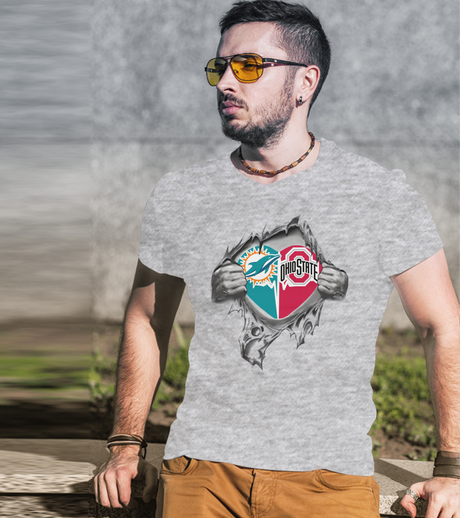 Miami Dolphins Ohio State Buckeyes Heart Logo Fusion T-Shirt