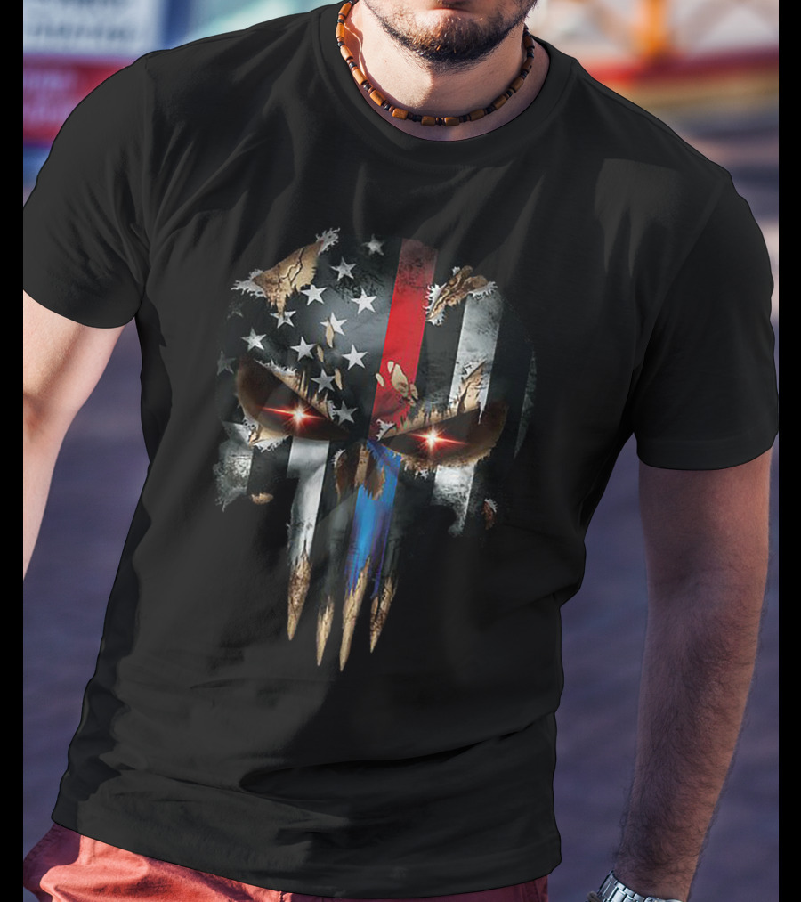 Independence Day Skull With American Flag Blue And Red Stripes T-Shirt