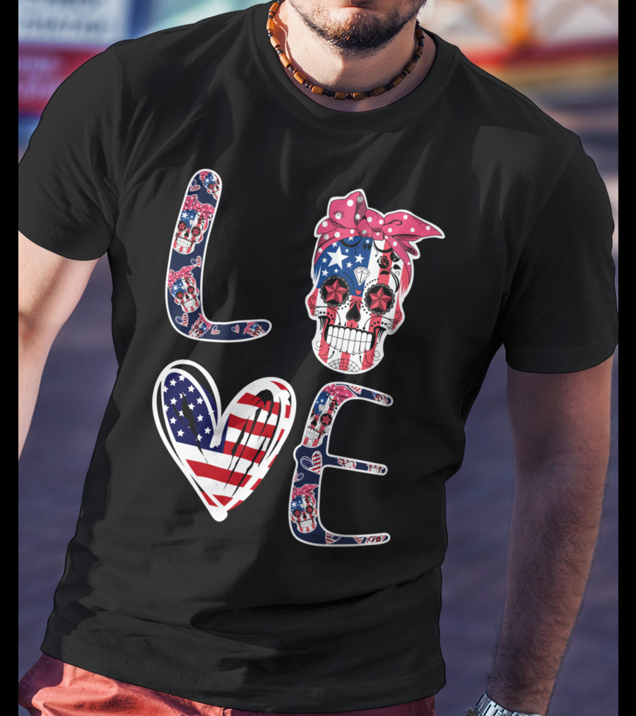 Skull Love American Flag Patriotic Bandana T-Shirt