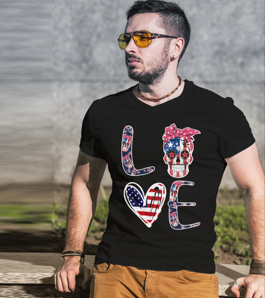Skull Love American Flag Patriotic Bandana T-Shirt