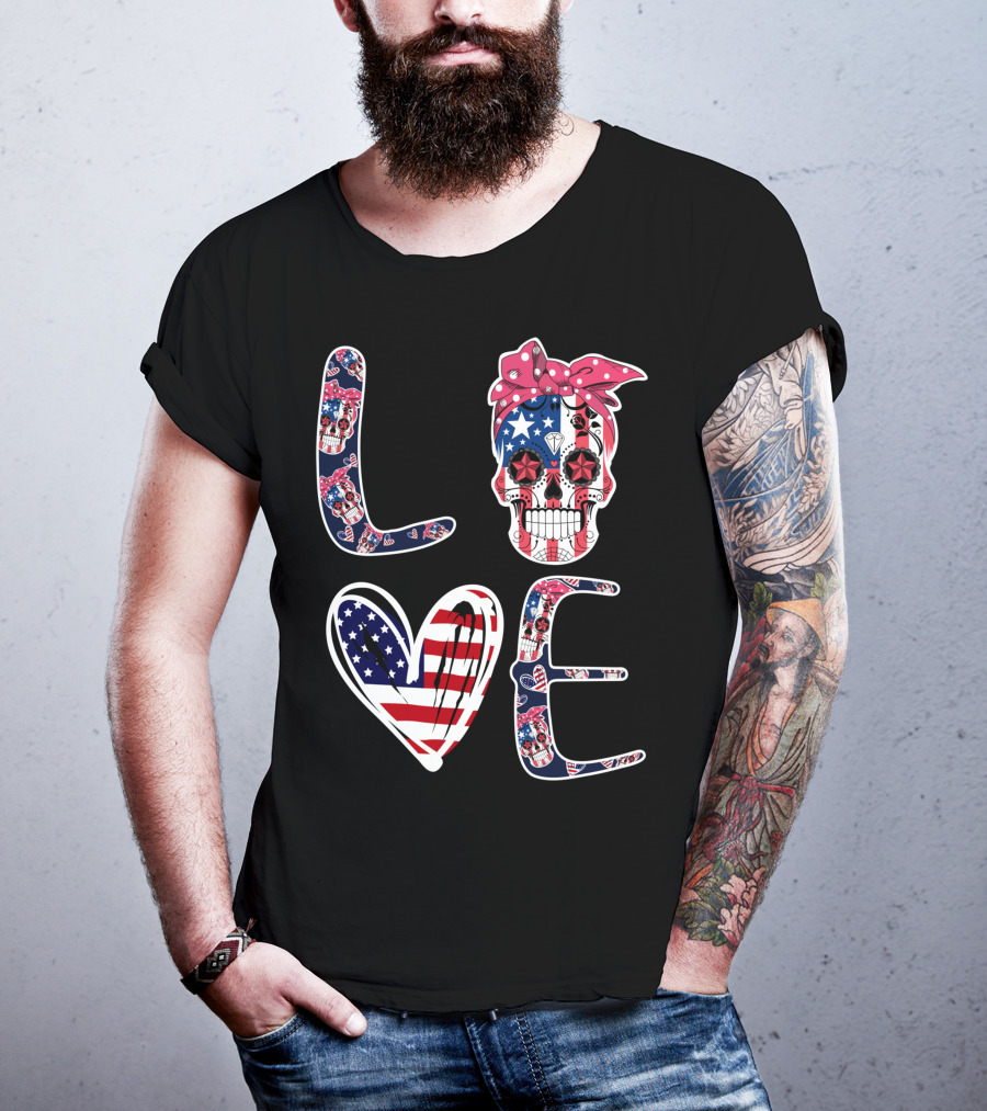 Skull Love American Flag Patriotic Bandana T-Shirt