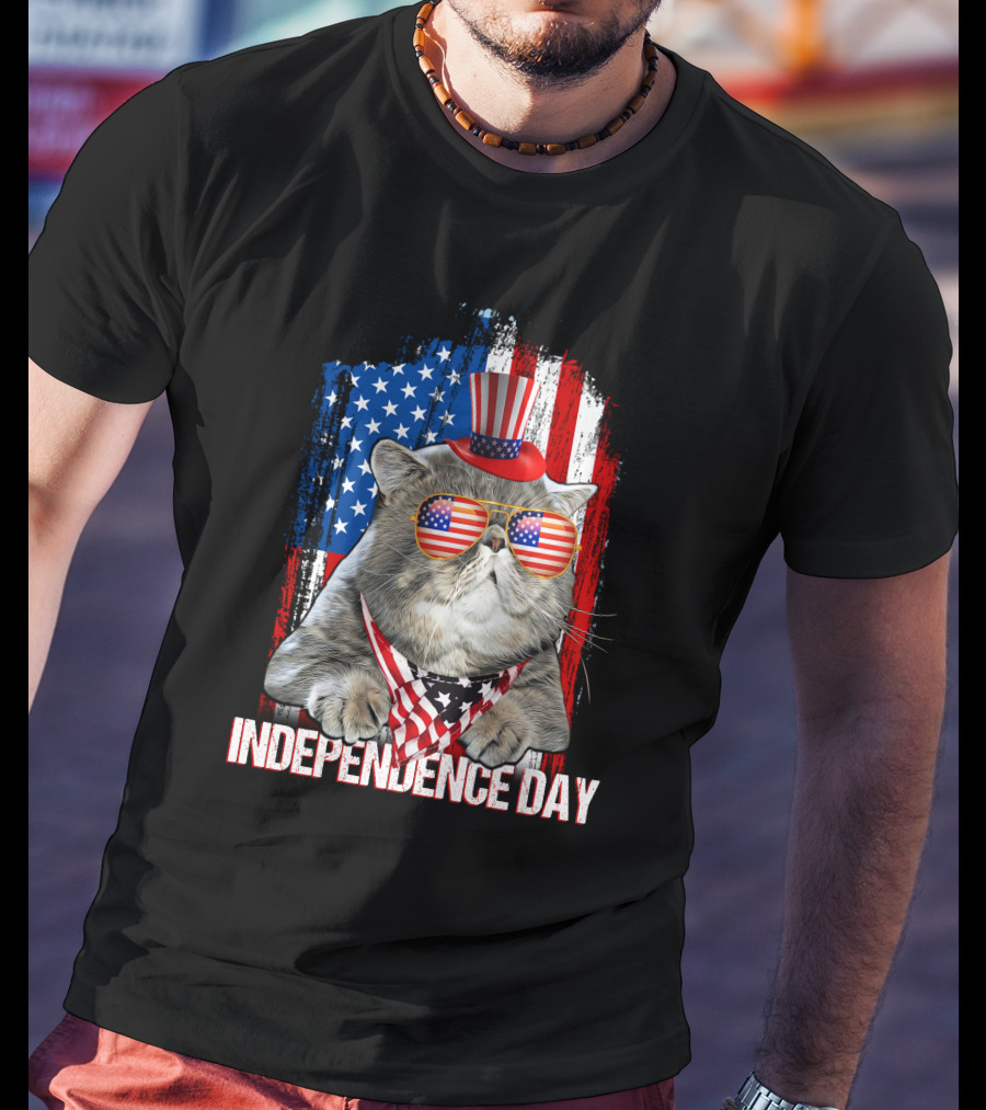 Independence Day Cat With American Flag Glasses And Top Hat T-Shirt