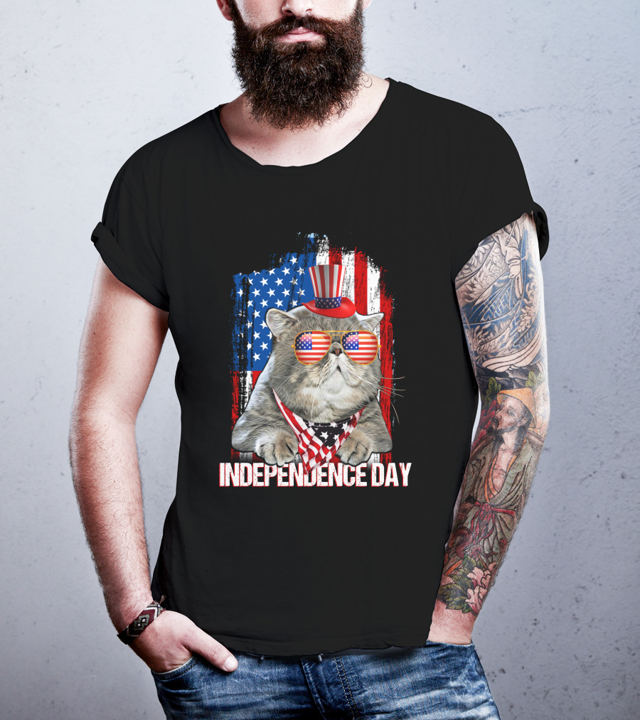 Independence Day Cat With American Flag Glasses And Top Hat T-Shirt