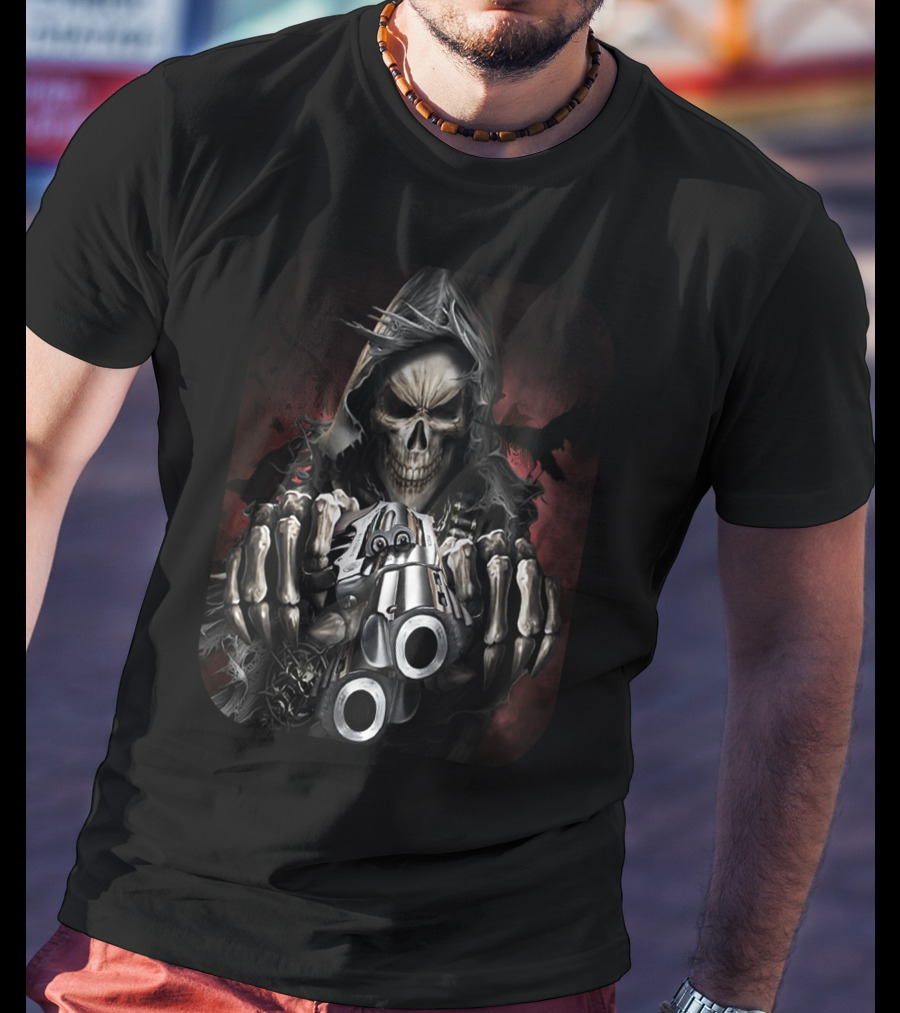 Reaper Skull Hooded Cloaked Figure With Dual Guns T-Shirt