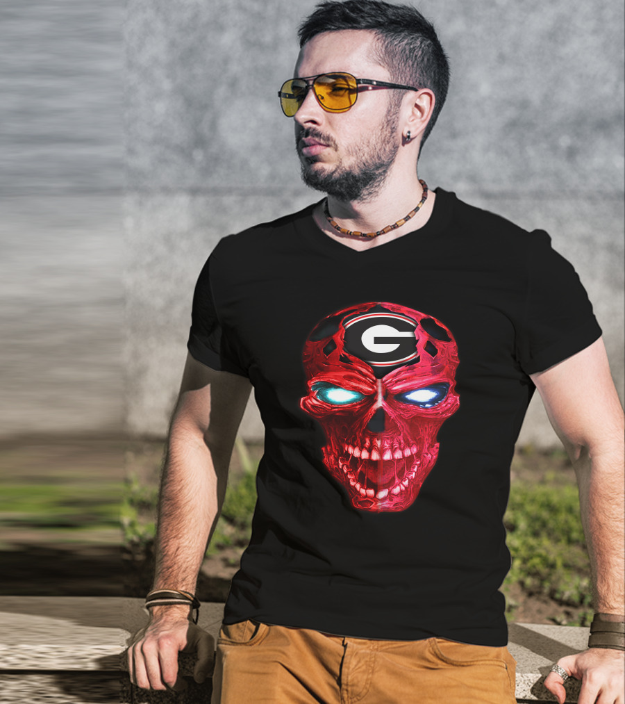 Georgia Bulldogs Skull Logo Red Glow T-Shirt