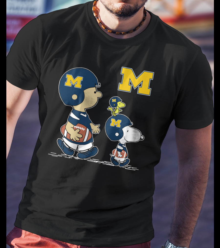 Michigan Wolverines Peanuts Football Characters With Iconic Block M T-Shirt