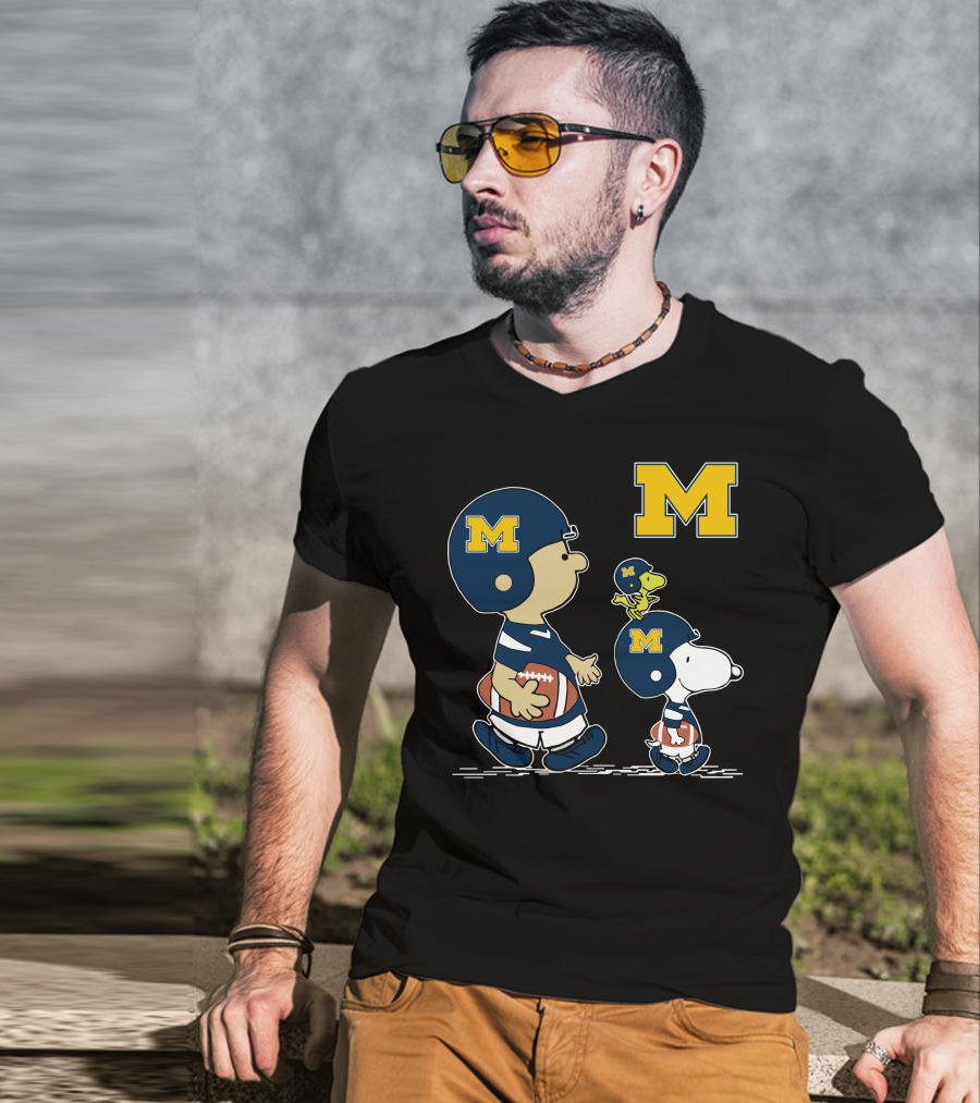 Michigan Wolverines Peanuts Football Characters With Iconic Block M T-Shirt