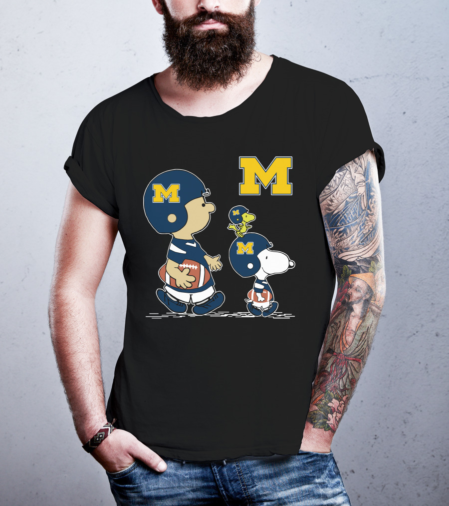 Michigan Wolverines Peanuts Football Characters With Iconic Block M T-Shirt