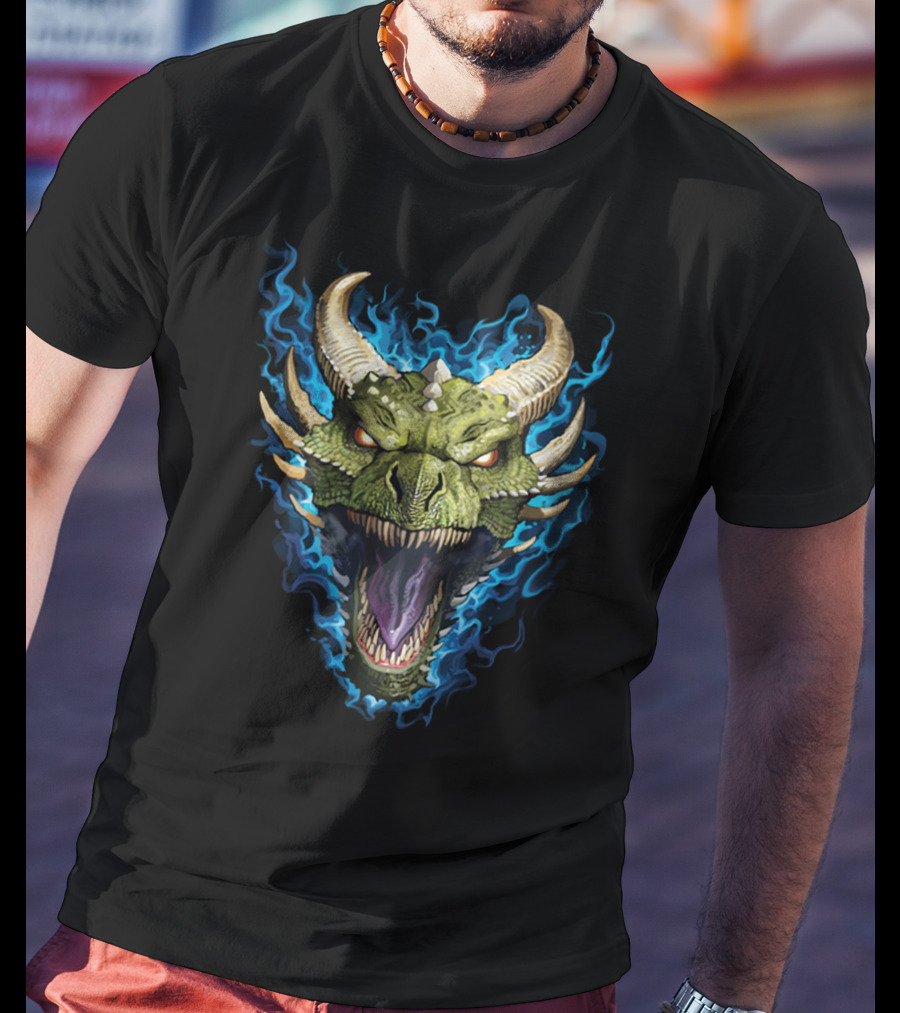 Green Dragon With Blue Flames And Horned Head T-Shirt