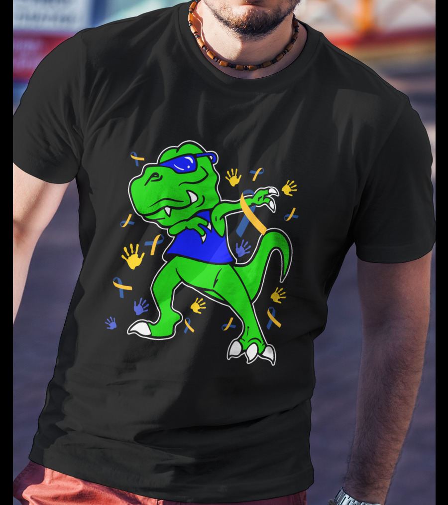 Dabbing Dinosaur With Sunglasses And Autism Awareness Ribbons And Handprints T-Shirt
