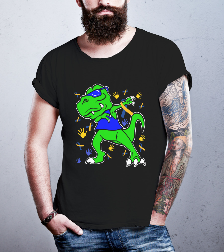 Dabbing Dinosaur With Sunglasses And Autism Awareness Ribbons And Handprints T-Shirt