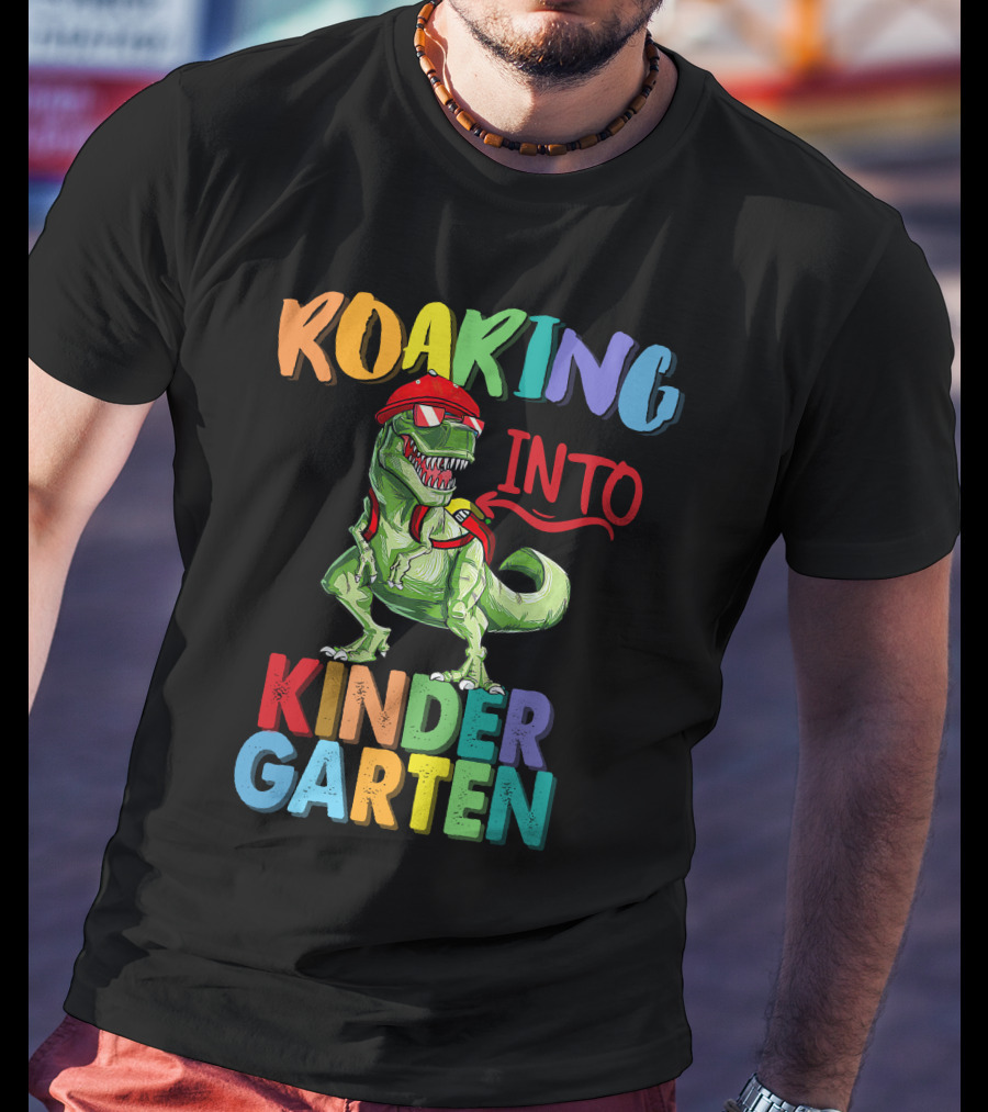 Roaring Into Kinder Garten Dinosaur With Red Cap And Backpack T-Shirt