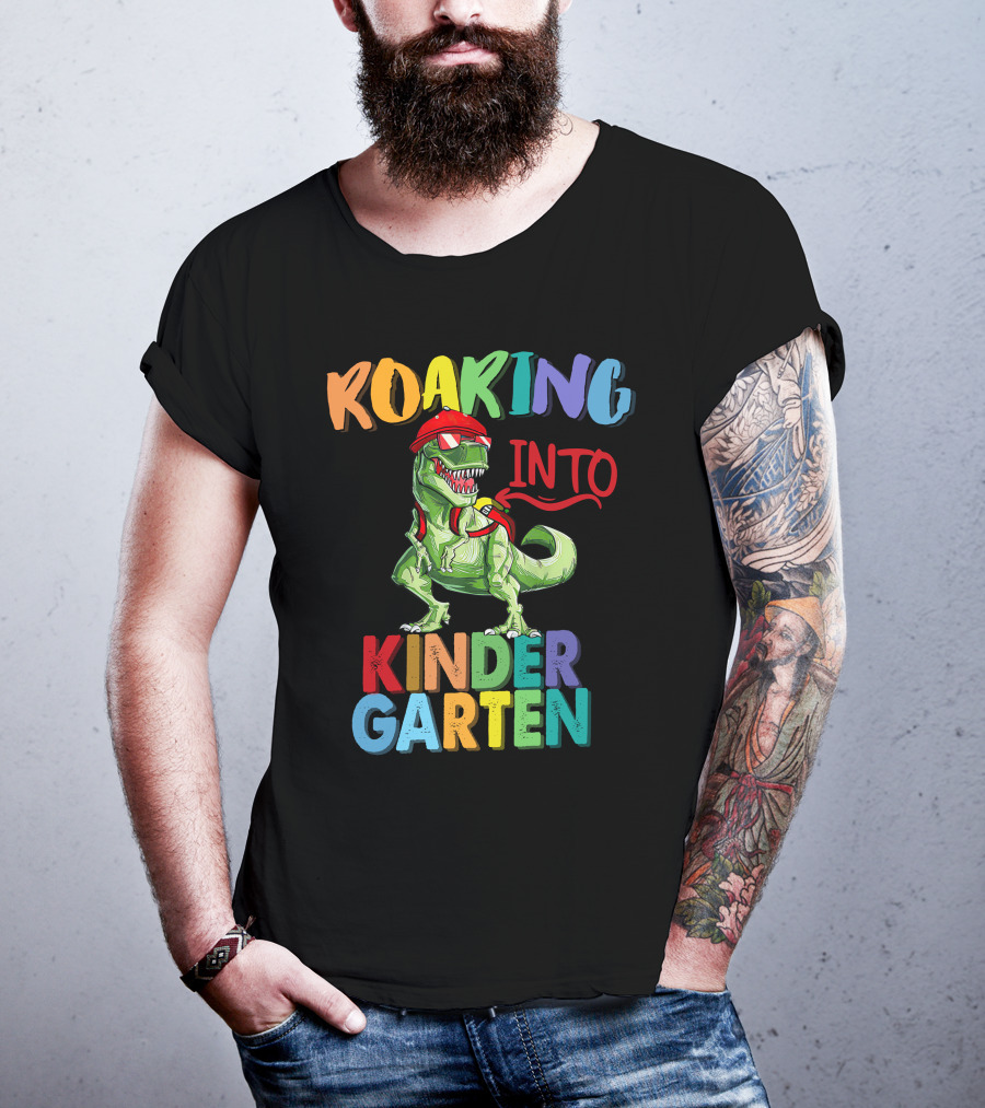 Roaring Into Kinder Garten Dinosaur With Red Cap And Backpack T-Shirt