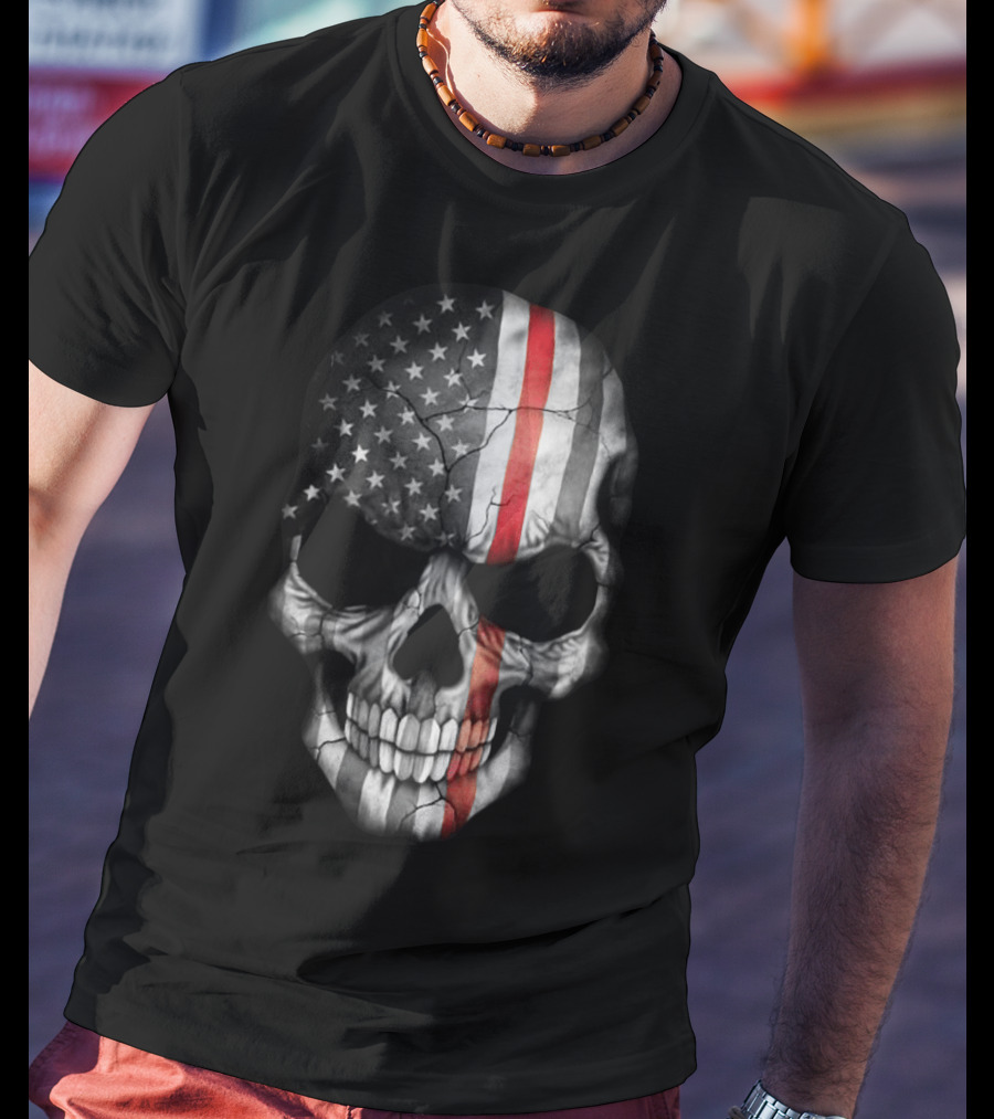 American Flag Thin Red Line Skull T-Shirt