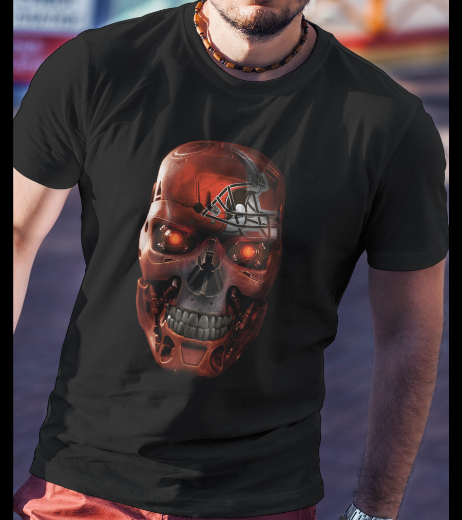 Skull Browns Football Helmet Red Glowing Eyes T-Shirt