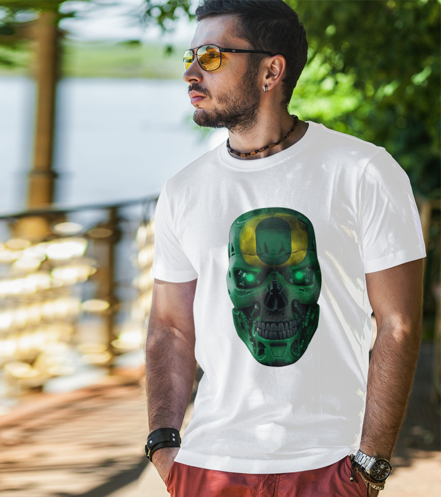 Oregon Ducks Skull Robot Green Neon Eyes T-Shirt