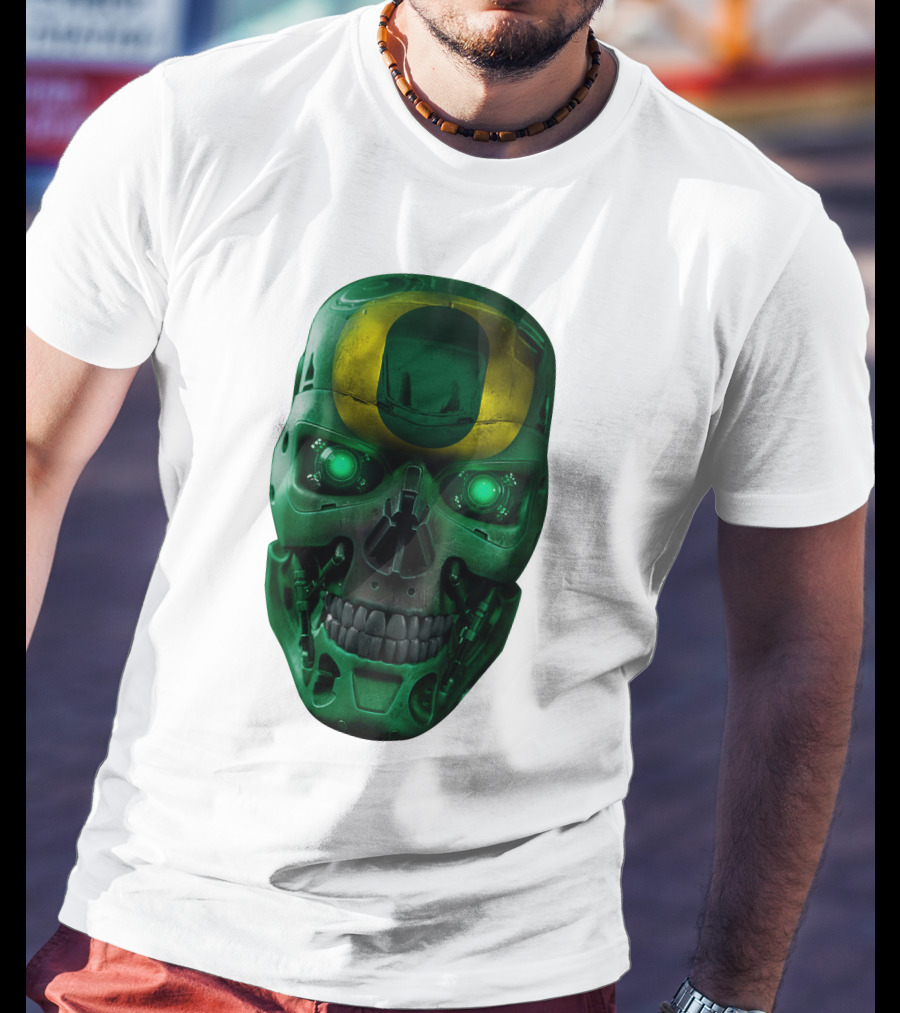 Oregon Ducks Skull Robot Green Neon Eyes T-Shirt