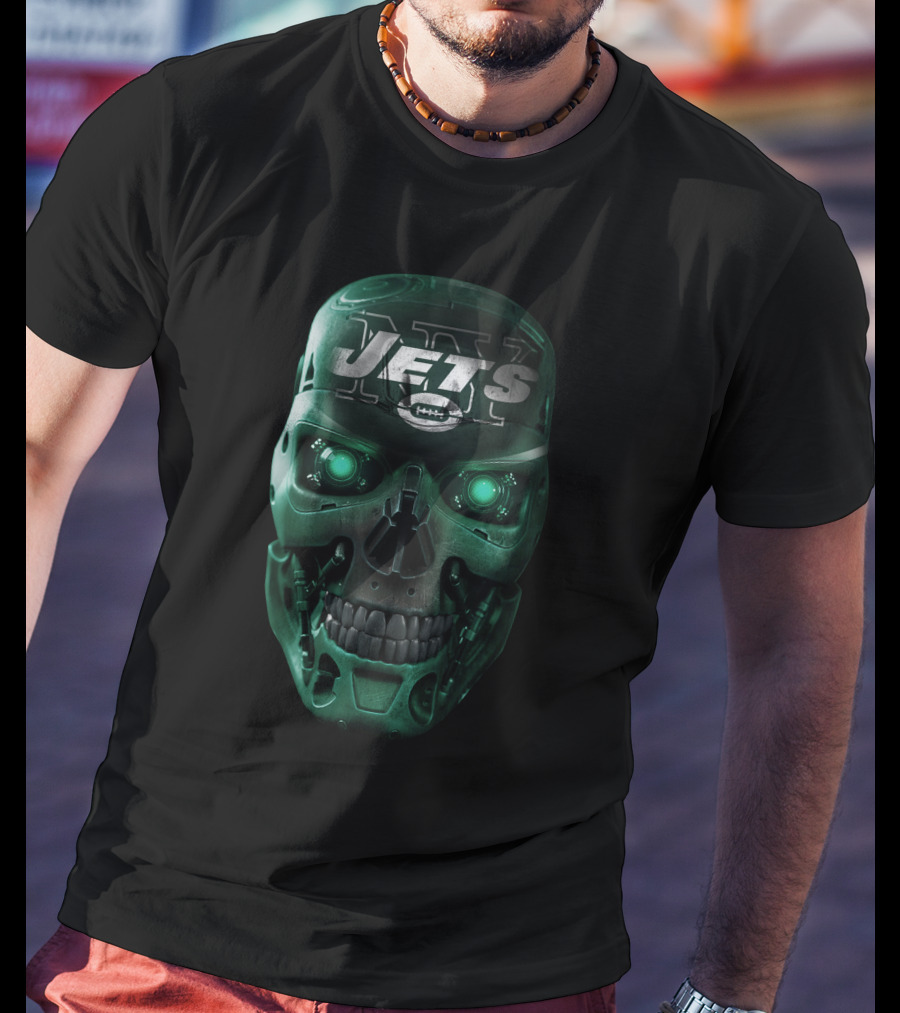 Green Robotic Skull Jets Football T-Shirt
