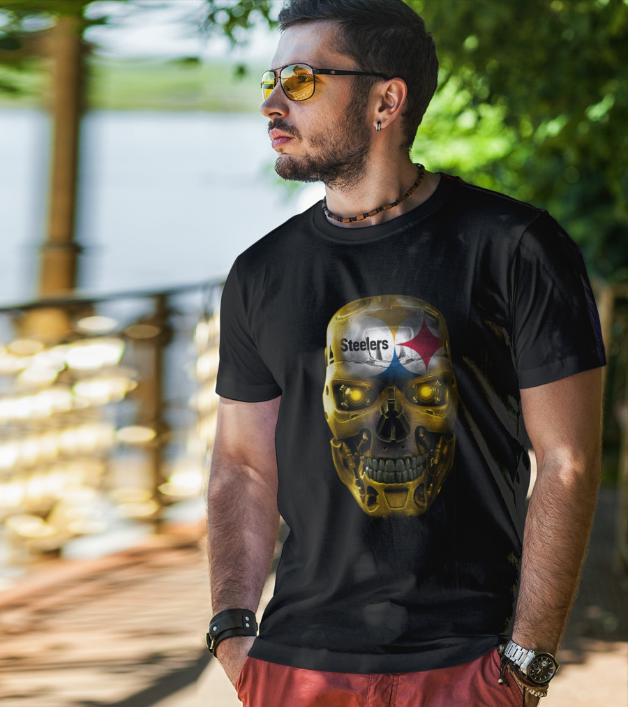 Steelers Skull Cyborg With Logo And Glowing Eyes T-Shirt
