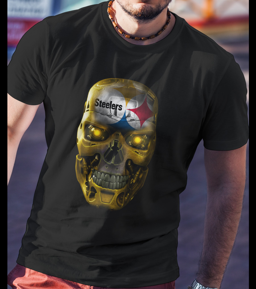 Steelers Skull Cyborg With Logo And Glowing Eyes T-Shirt