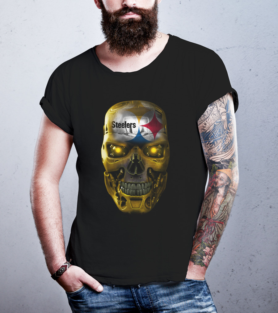 Steelers Skull Cyborg With Logo And Glowing Eyes T-Shirt