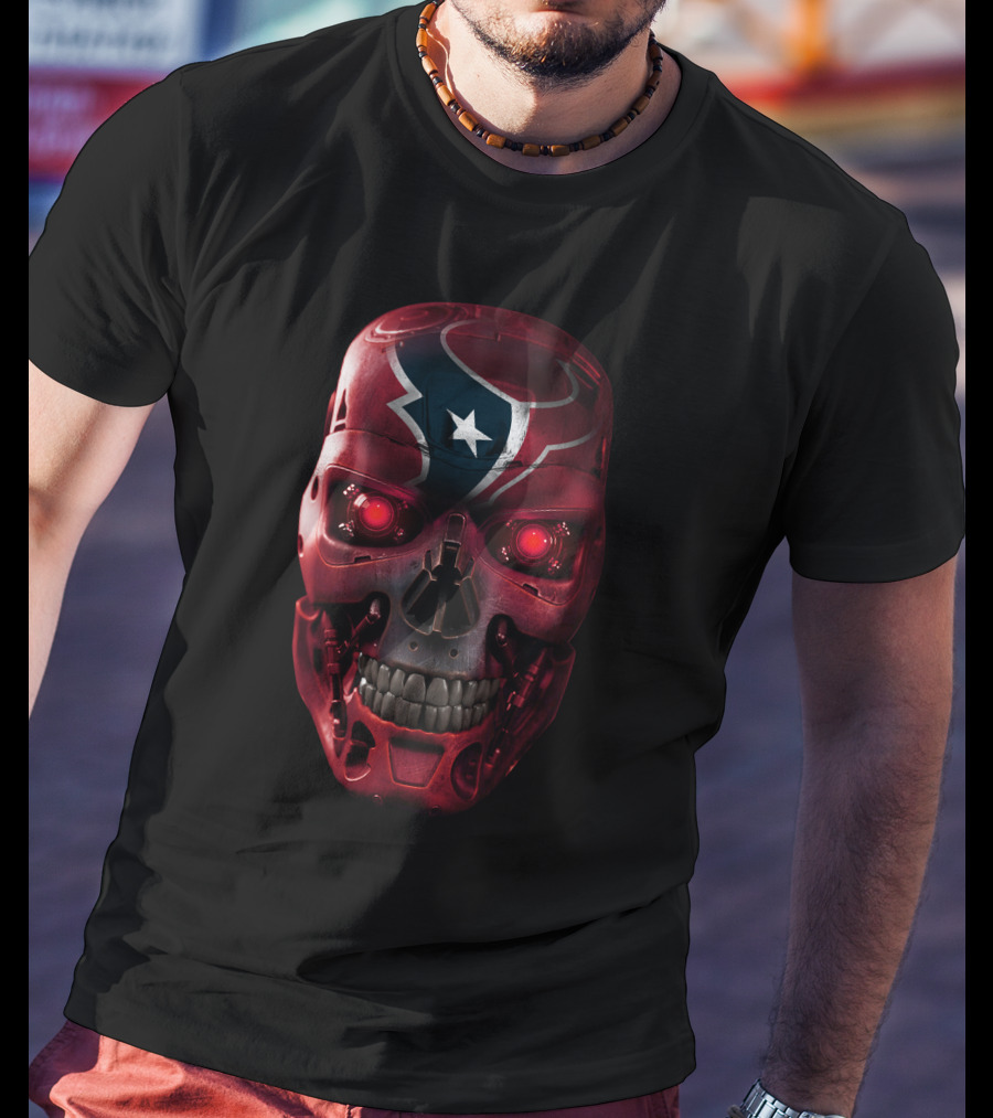 Skull Texans Robot Star Head With Red Eyes T-Shirt