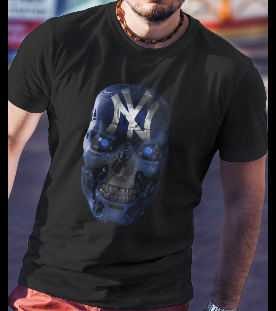 Yankees Skull Robotic Face Blue Glowing Eyes T-Shirt