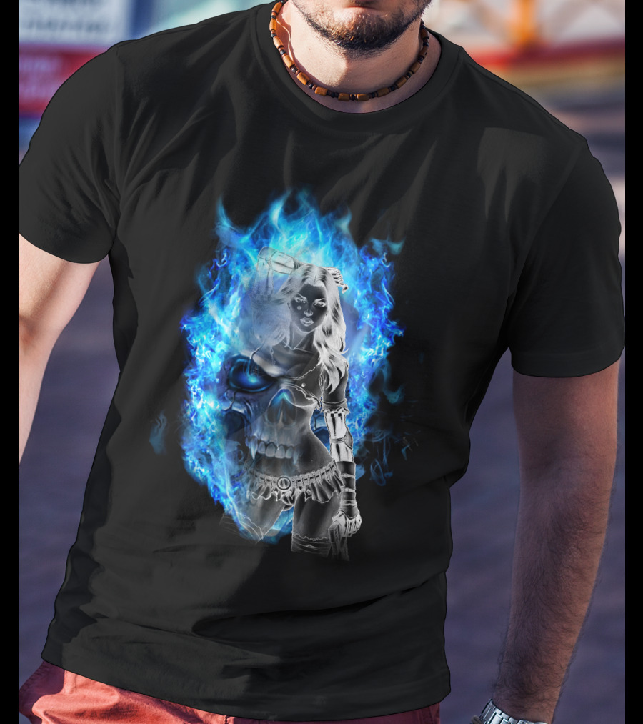 Skull Girl Blue Flames Warrior T-Shirt