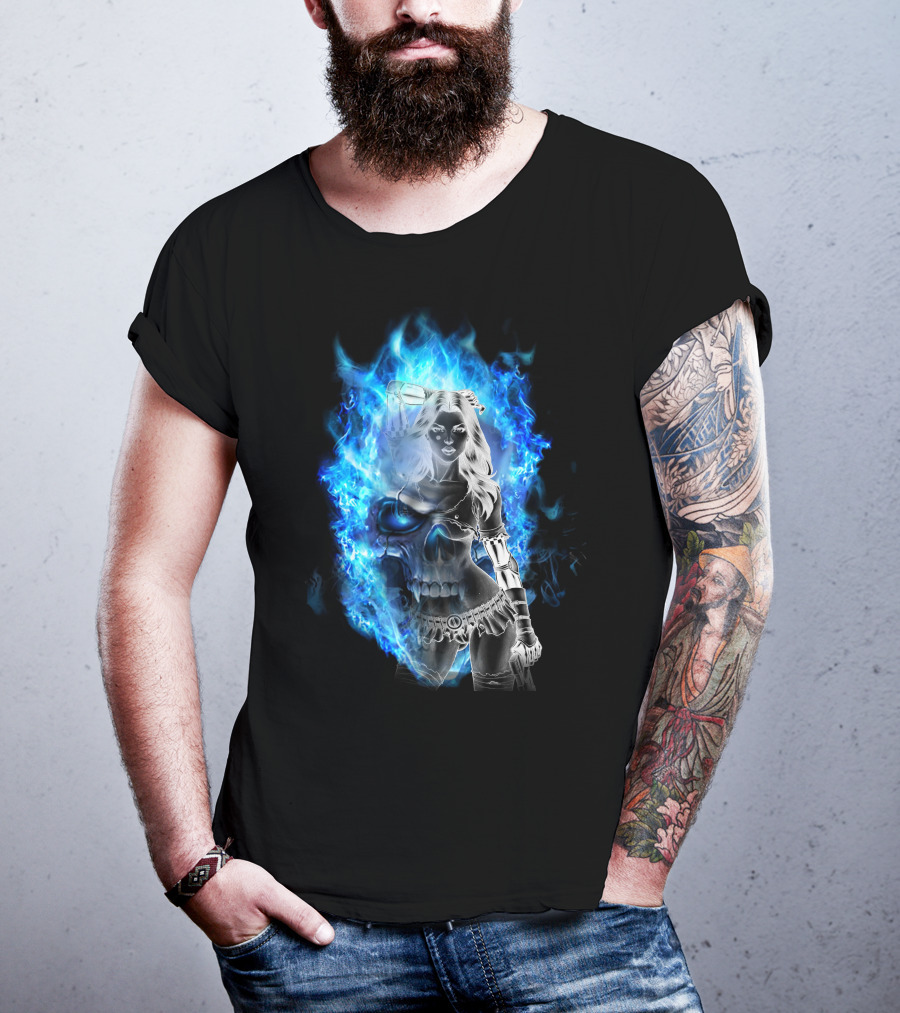Skull Girl Blue Flames Warrior T-Shirt