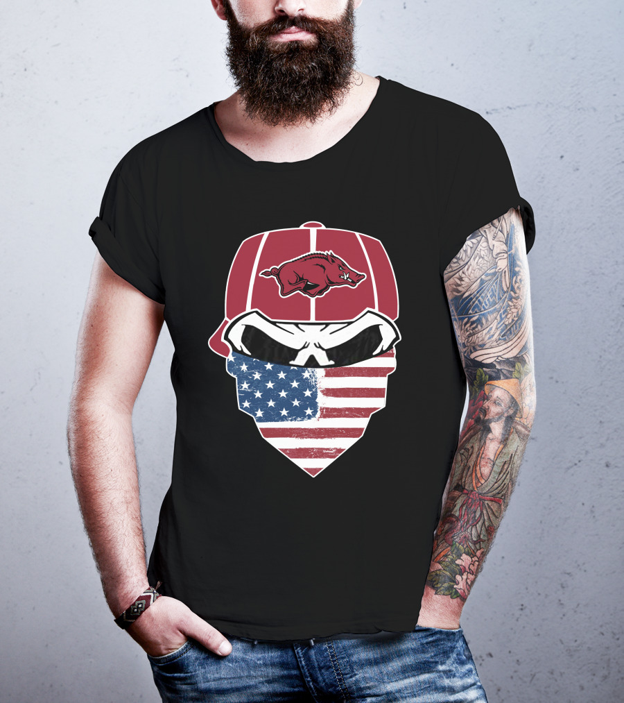 Arkansas Razorbacks Skull American Flag Bandana T-Shirt