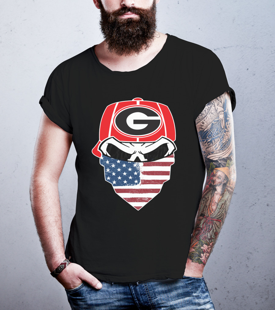 Georgia Bulldogs Skulls American Flag Bandana T-Shirt