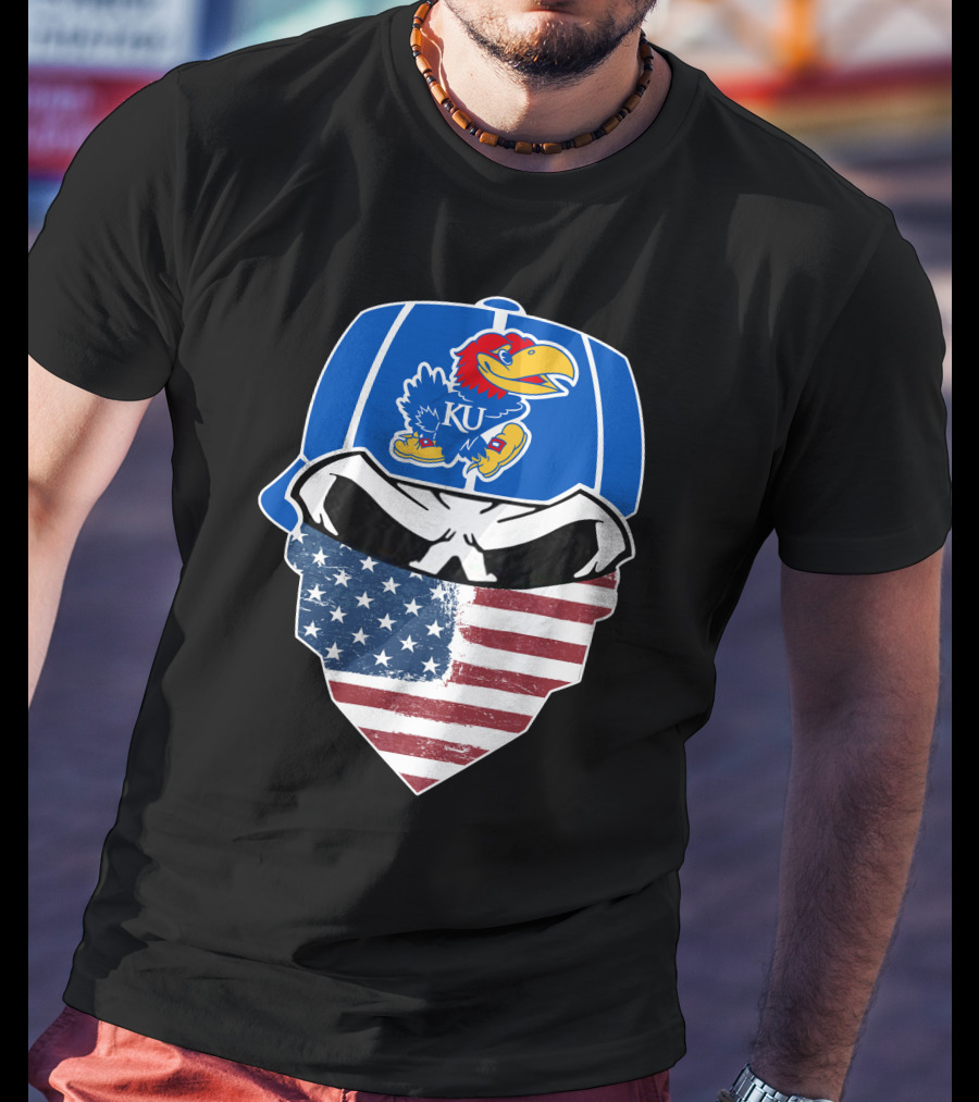 KU Jayhawks Skull American Flag Bandana Cap T-Shirt