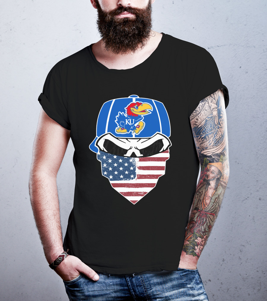 KU Jayhawks Skull American Flag Bandana Cap T-Shirt