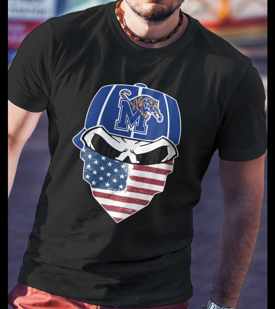 Memphis Tigers Skull Wearing American Flag Bandana With Logo Hat T-Shirt