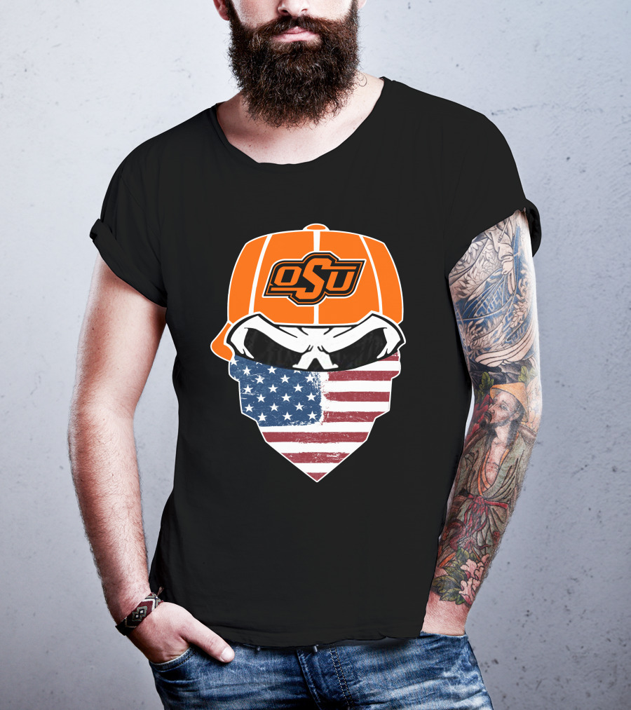 Oklahoma State OSU Skull American Flag Bandana T-Shirt