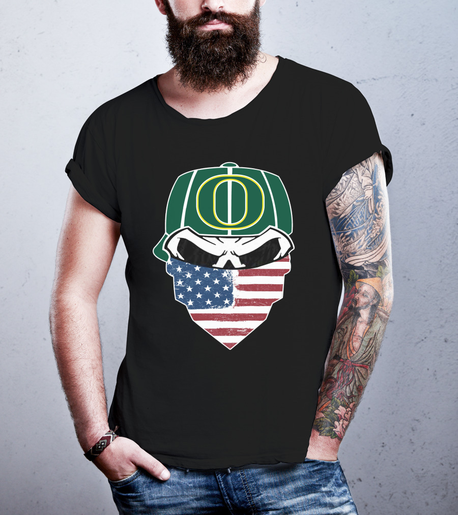 Oregon Ducks Skulls American Flag Mask T-Shirt