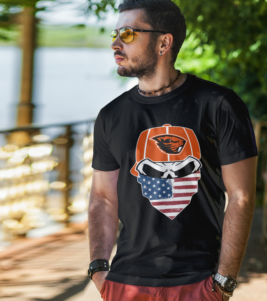 Oregon State Beavers Skull American Flag Bandana T-Shirt