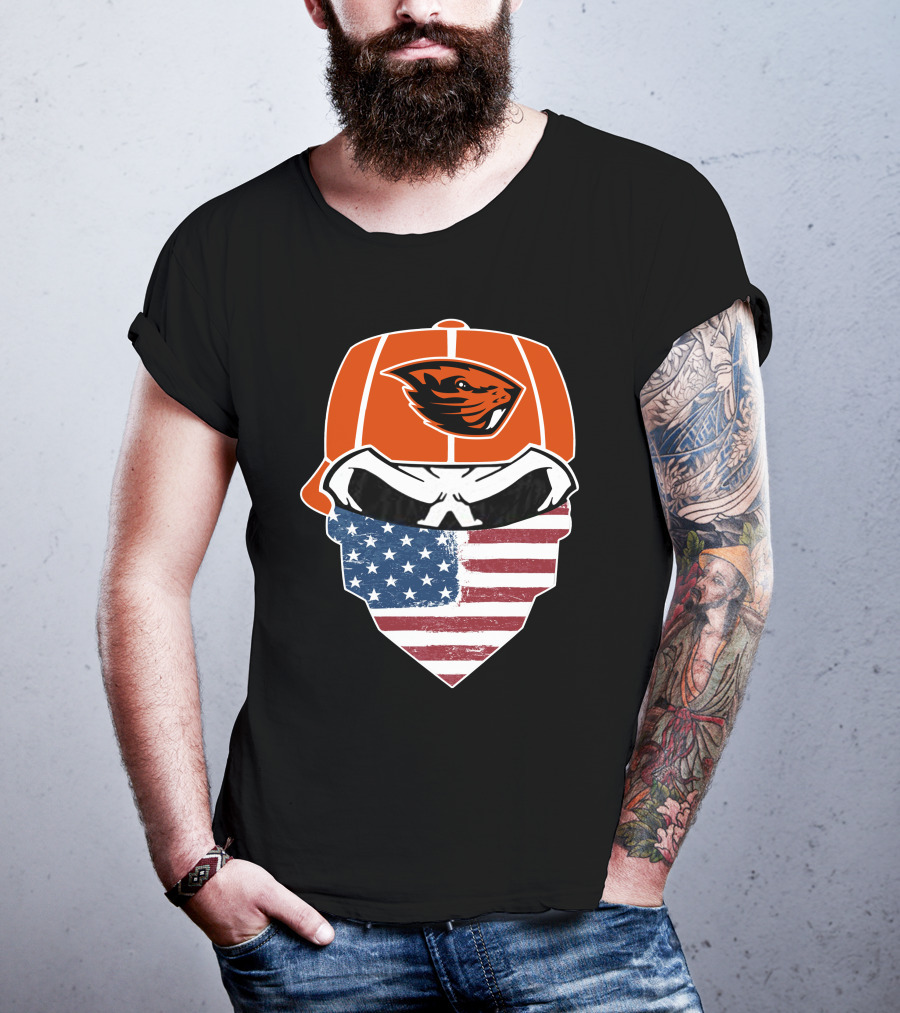 Oregon State Beavers Skull American Flag Bandana T-Shirt