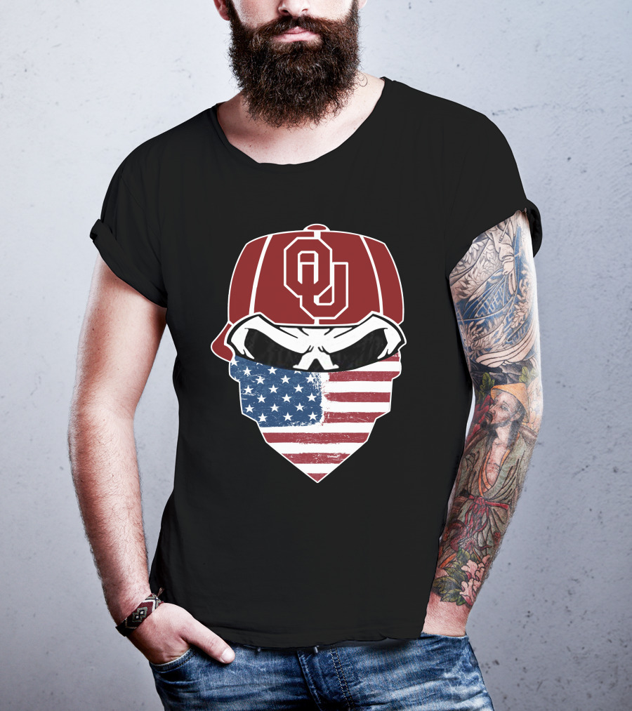 SOONERS Skuls OU American Flag Bandana Skull T-Shirt