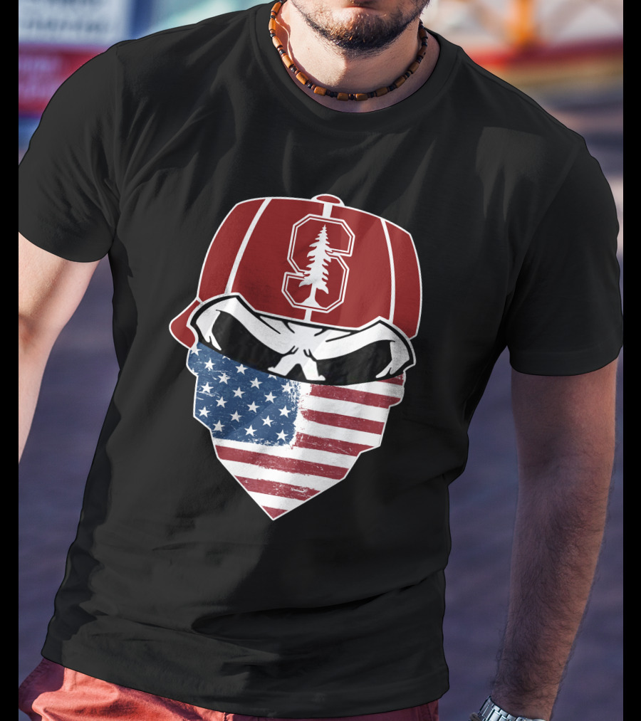 Stanford Cardinal Skuls American Flag Mask T-Shirt