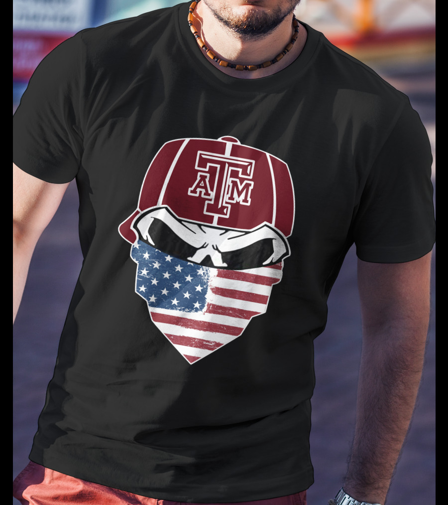 Texas A&M Aggies Skull With American Flag Bandana T-Shirt
