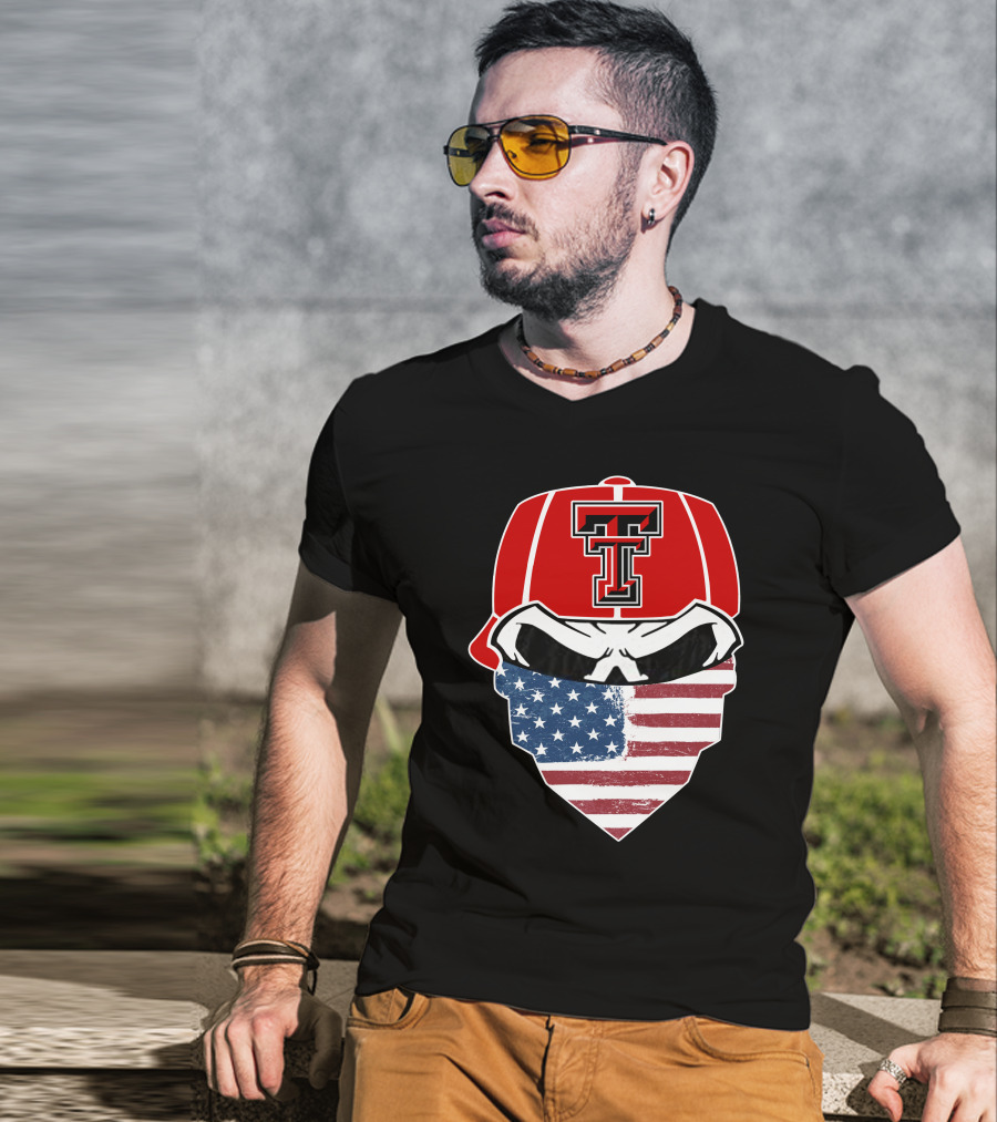 Texas Tech Skuls American Flag Bandana Cap T-Shirt