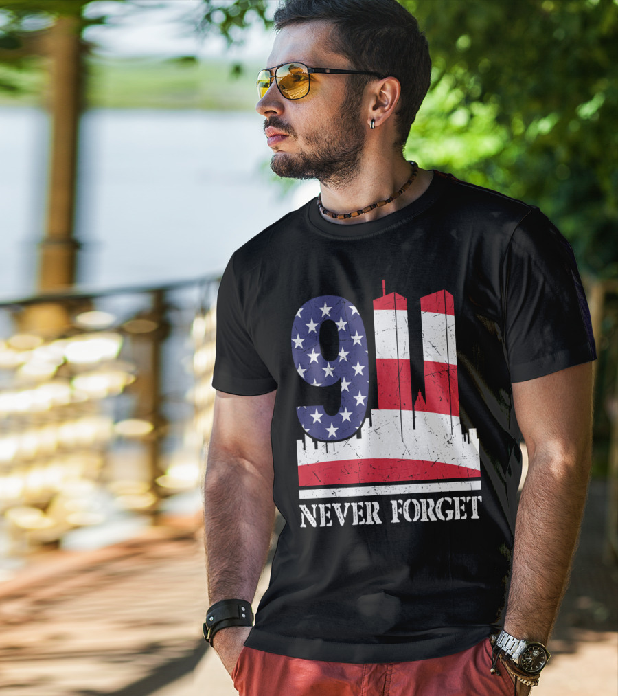9 11 Never Forget Twin Towers American Flag T-Shirt