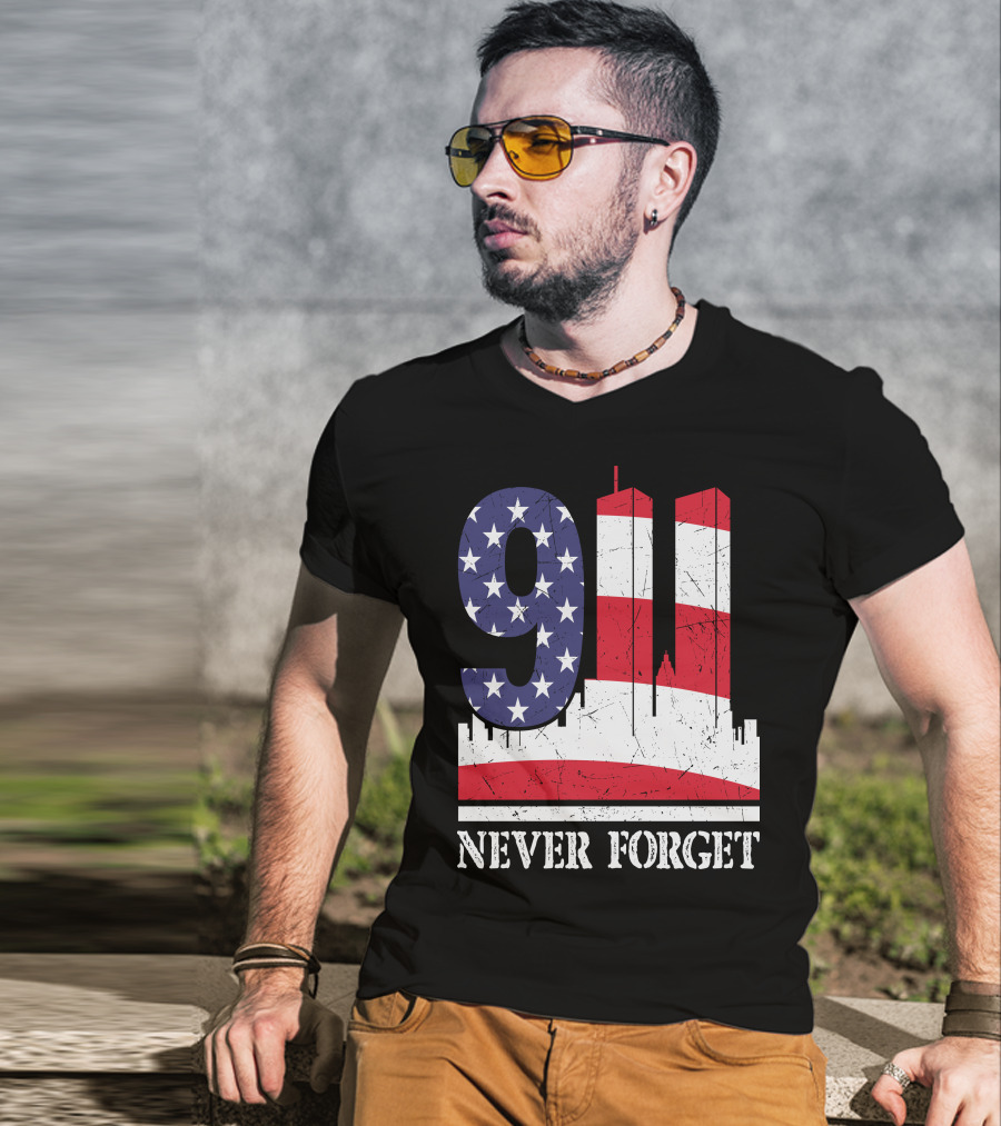 9 11 Never Forget Twin Towers American Flag T-Shirt
