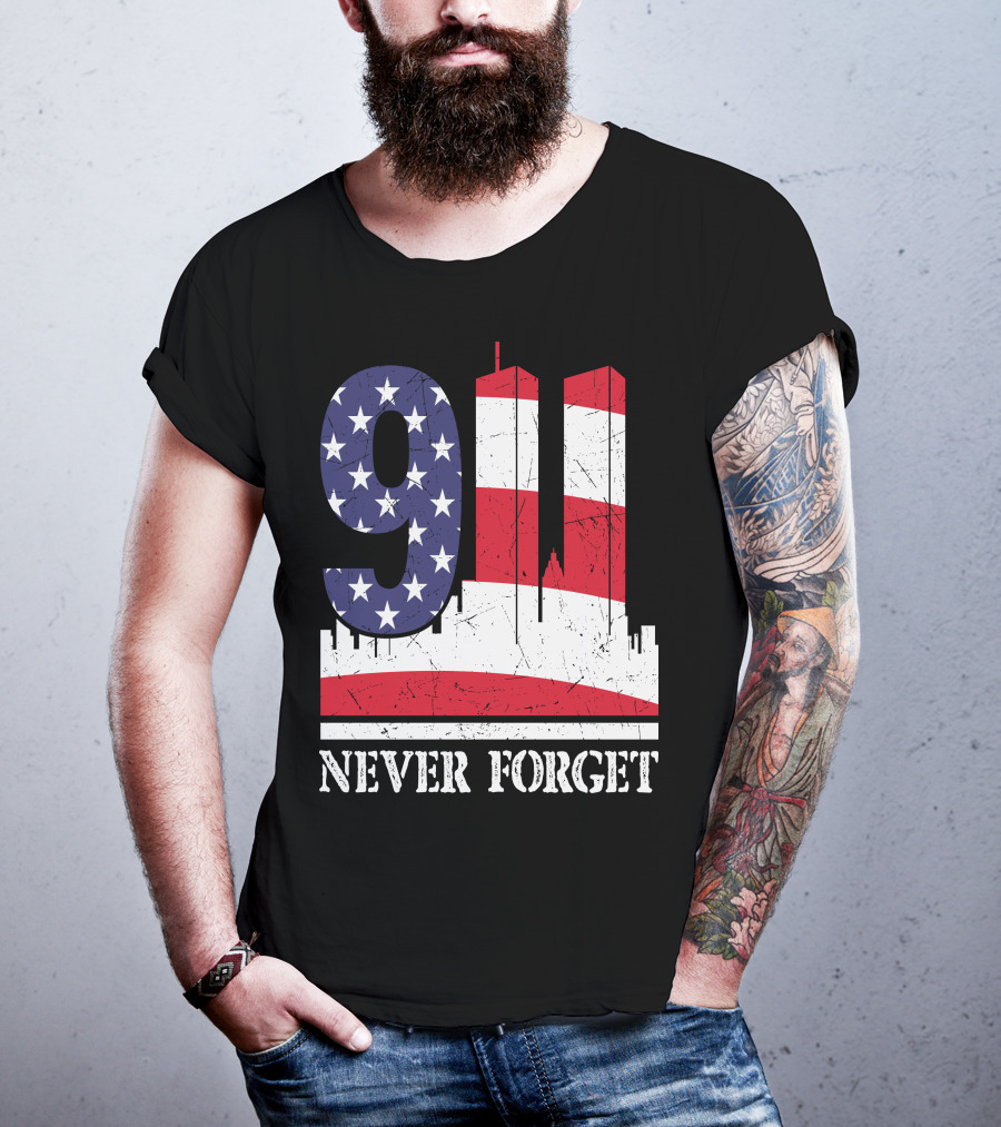 9 11 Never Forget Twin Towers American Flag T-Shirt