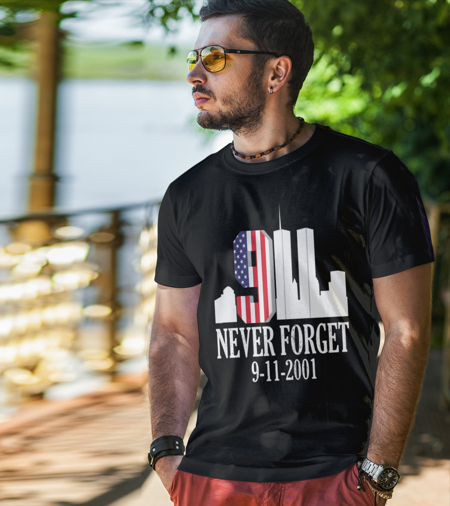 Never Forget 9-11-2001 American Flag Twin Towers Skyline T-Shirt