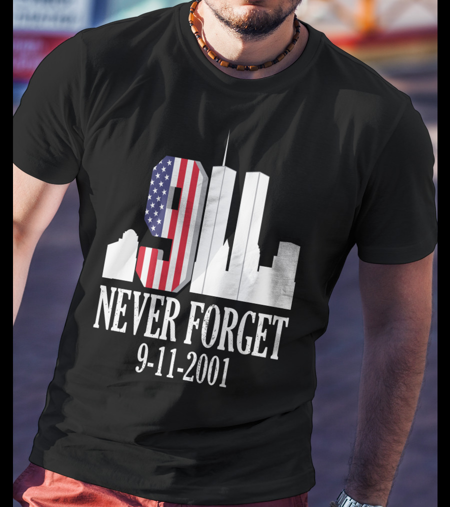 Never Forget 9-11-2001 American Flag Twin Towers Skyline T-Shirt